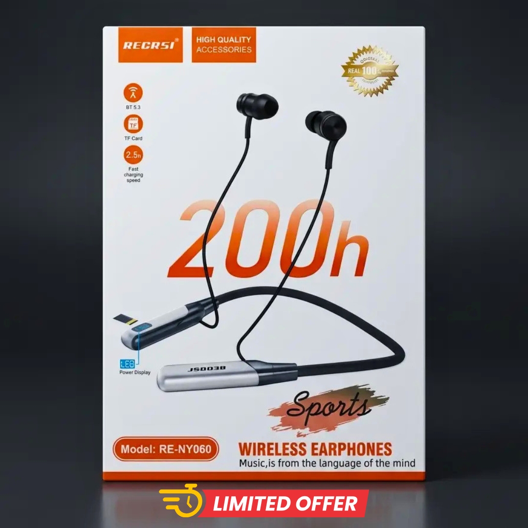Regrsi RE-NY060 Wireless Neckband – 200h Long Standby, Bluetooth 5.3 Earphones Black